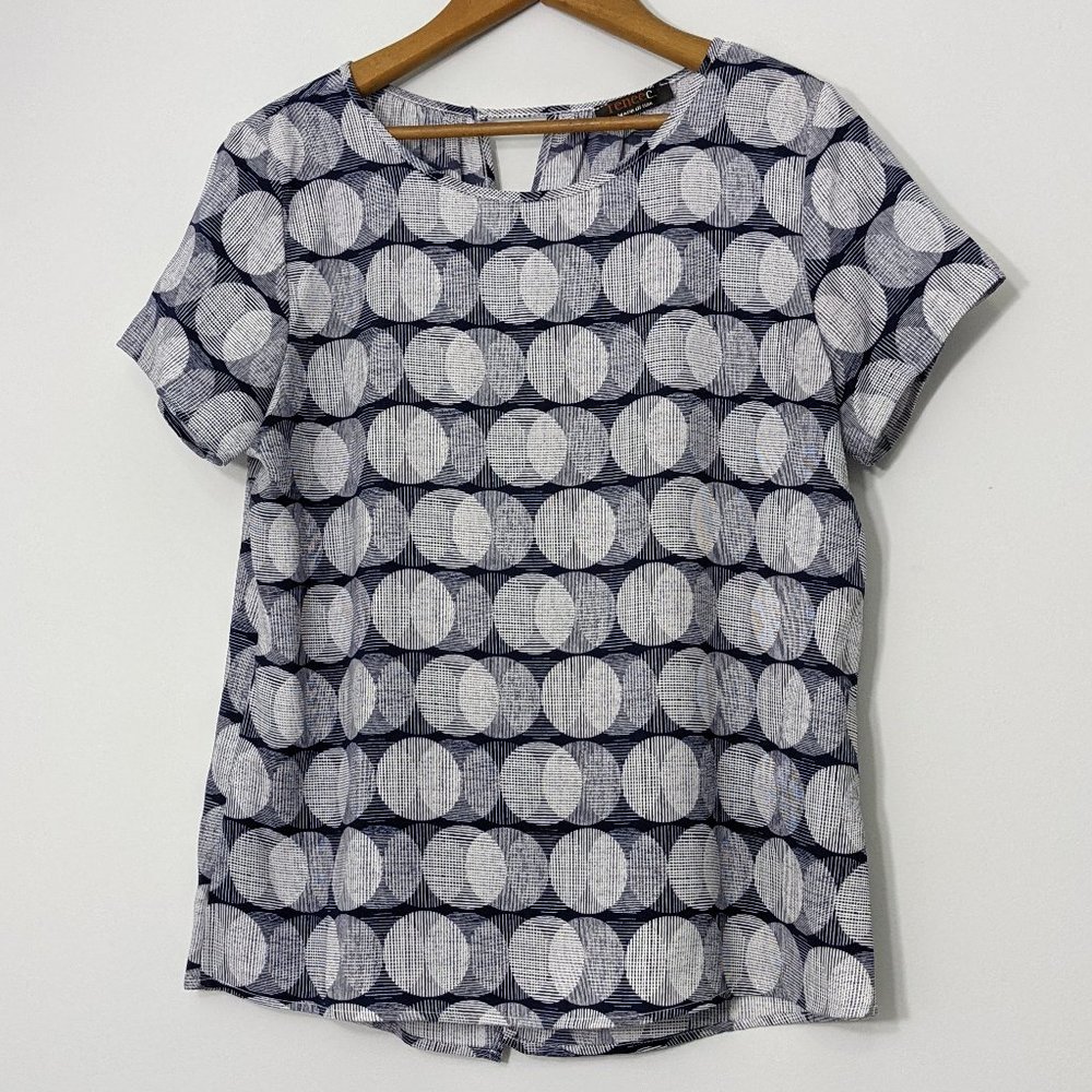 Navy Blue Geometric Print Blouse, Circle Pattern